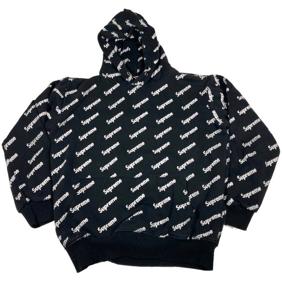 Supreme All Over Print Logo Hoodie Pullover Sweatshirt Youth Large Black Fair - Picture 1 of 12